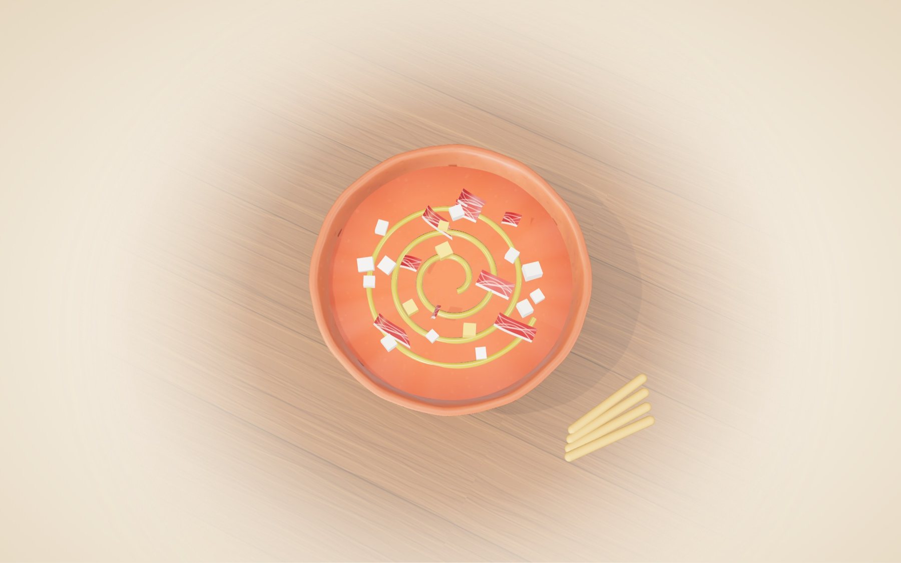 Cuenco de barro en 3D visto desde arriba con aceite en espiral